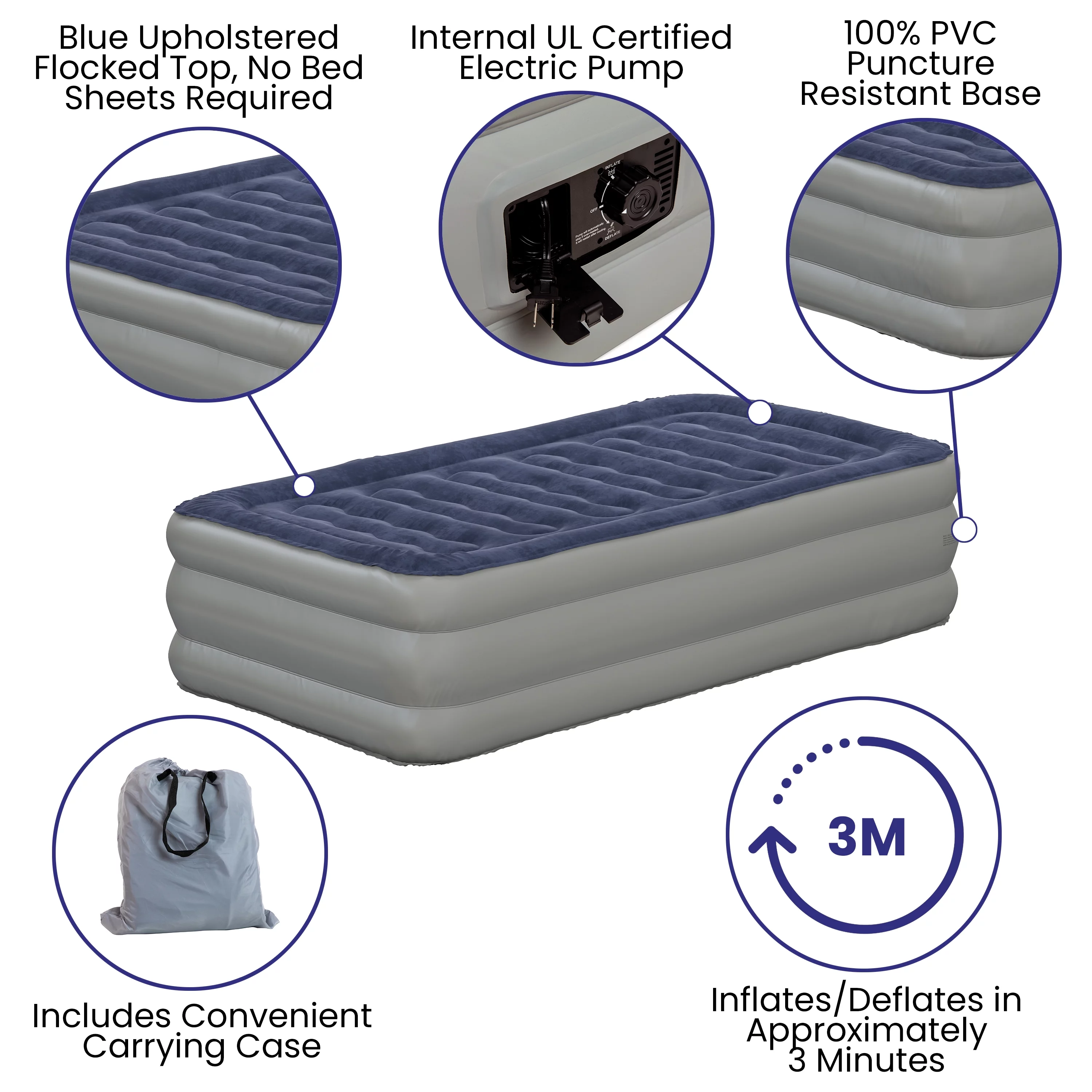 Flash Furniture 18 inch Air Mattress with ETL Certified Internal Electric Pump and Carrying Case - Twin