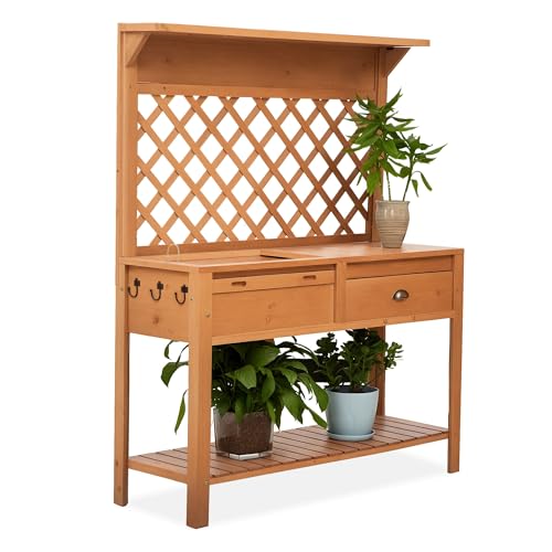 Outsunny Garden Potting Bench, Outdoor Wooden Workstation Table w/Metal Screen, Drawer, Hooks, Storage Shelf, and Lattice Back for Patio, Backyard and Porch