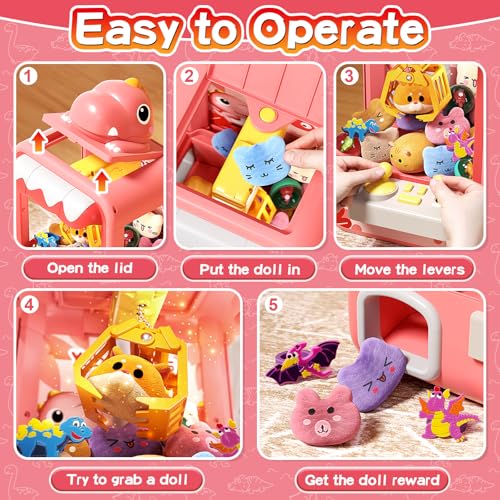 Dinosaur Claw Machine for Kids,MINI Vending Machine Girls with Music.Electronic Prize Dispenser Arcade Game Machine,Claw Machine for Birthday Gifts Toys Age 3+ Years,Includes 32 Mini Toys.