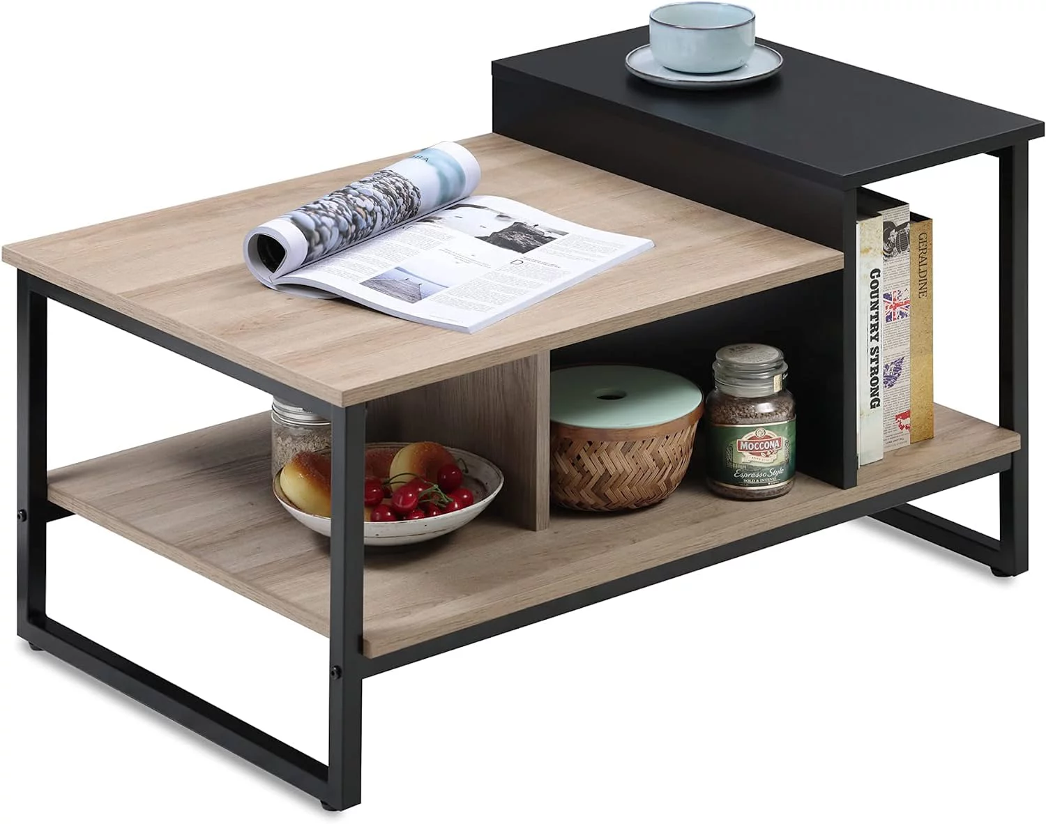 Unique Lift Top Coffee Table with 2-Level Different Heights Tabletop for Living Room Spaces, Industrial Wood Desk Coffee Table with Metal, 31.5