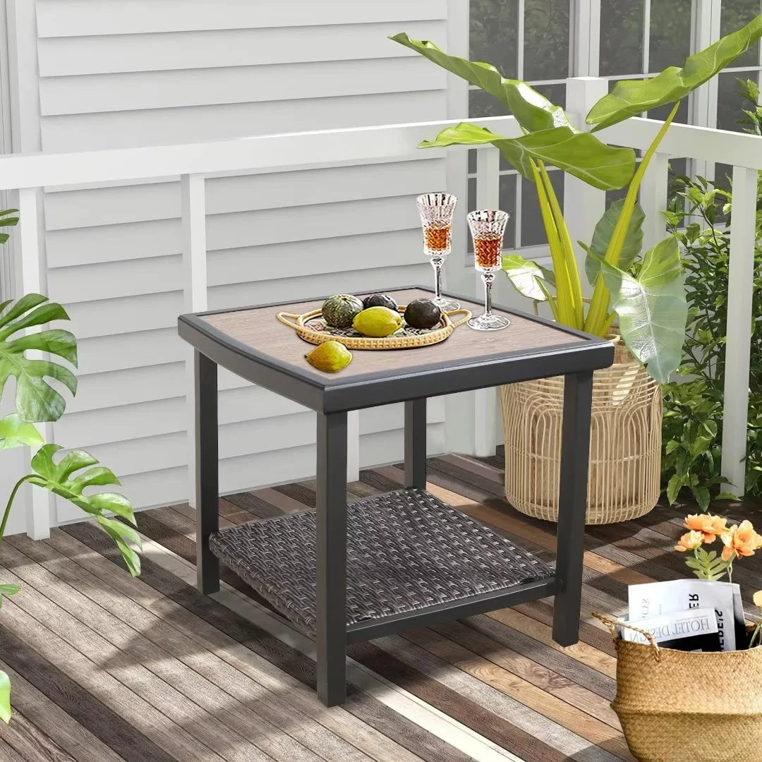 Iwicker Patio Wicker Square Side Table, 2-Tier Storage Shelf End Table for Outdoor, Brown