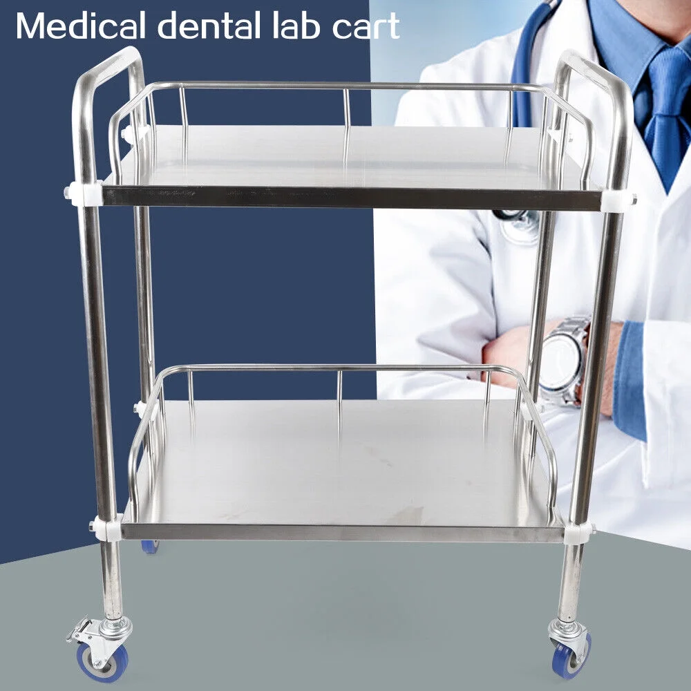 Mkyiongou 2 Tiers Stainless Steel Cart Trolley Medical Lab Mobile Rolling Serving Trolley