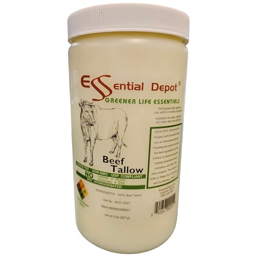 Essential Depot Beef Tallow - 1 Quart (32 oz nt wt) - Grass Fed - Non-GMO - Keto Friendly - Food Grade - FREE from LACTOSE-GLUTEN-GLUTAMATE-BSE - Safety Sealed HDPE Container with Resealable Cap