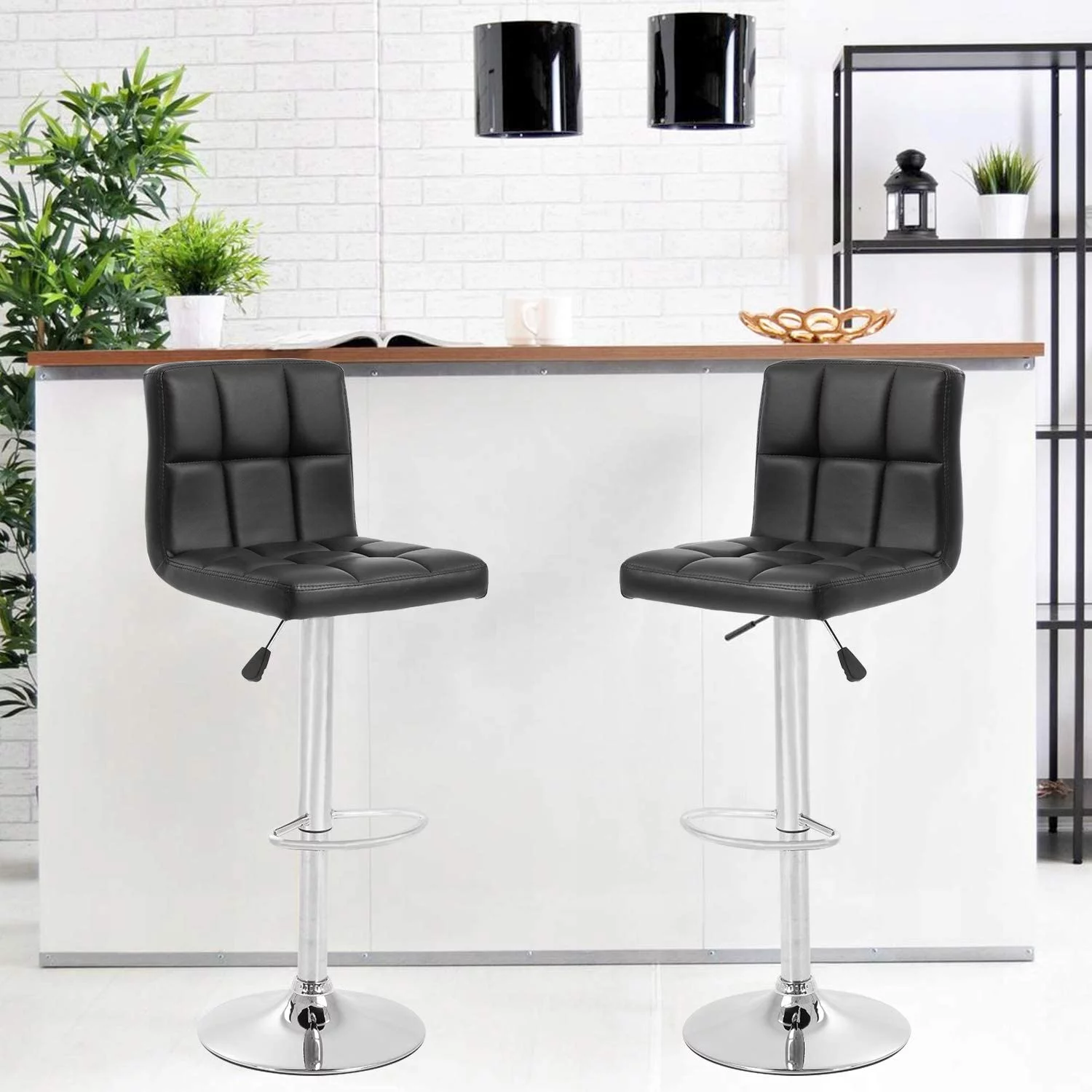 FDW Counter Height Swivel Bar Stools PU Leather Padded with Back,Set of 2 Height Adjustable Counter Stool Barstools Dining Chair,Black