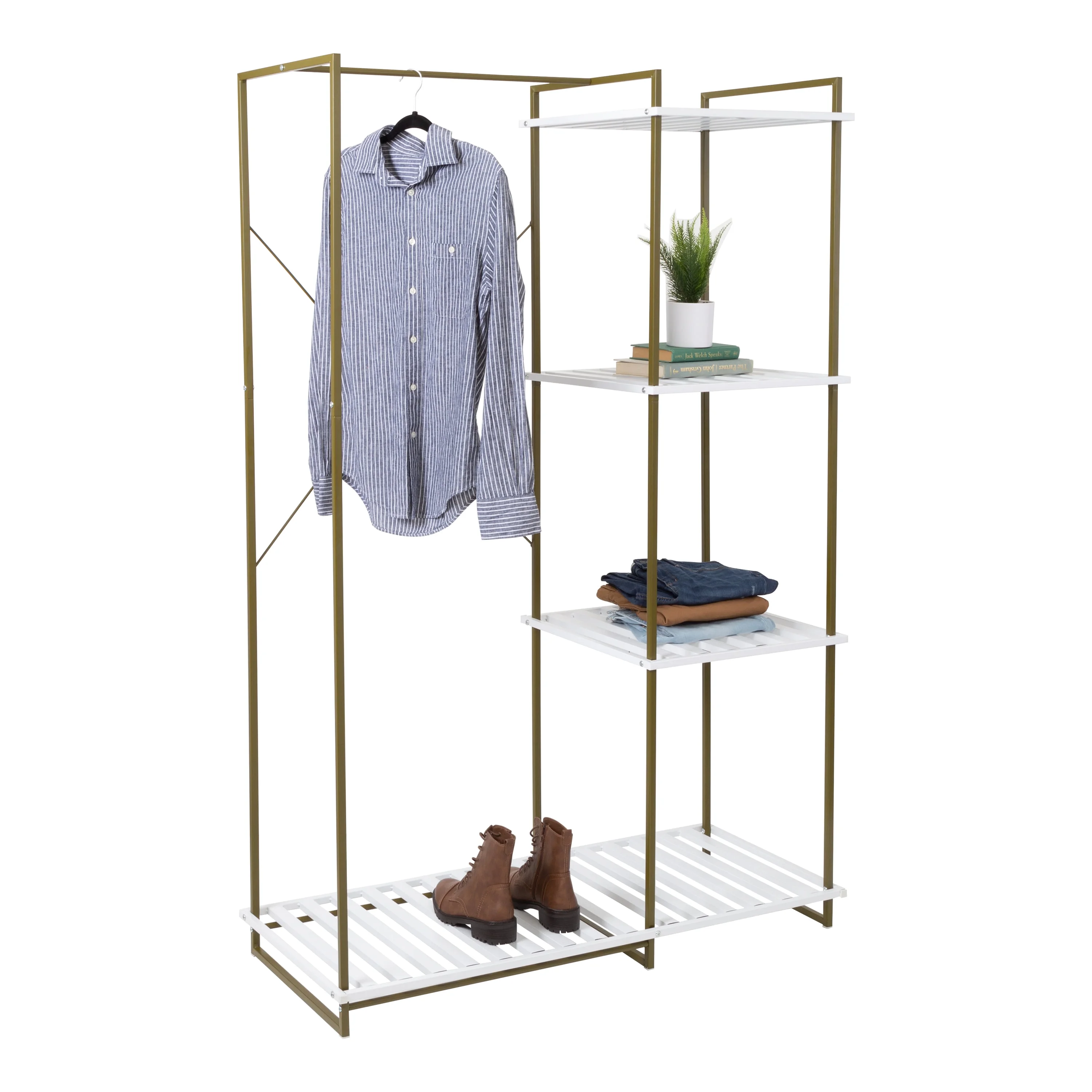 Honey-Can-Do Freestanding Open Metal Closet Wardrobe with 4 Shelves, Olive/White