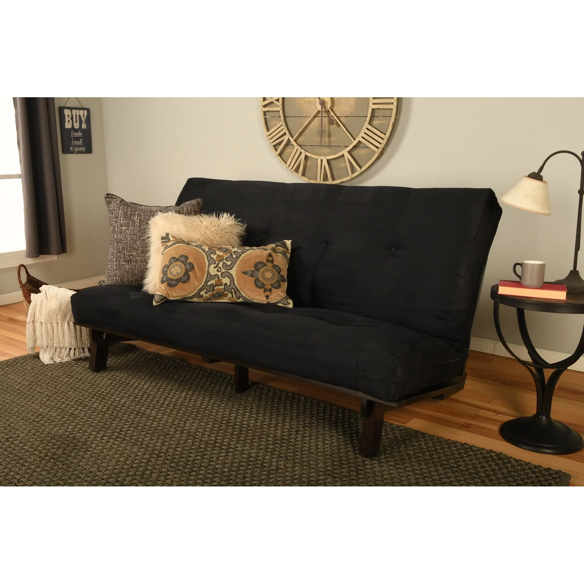 Kodiak Furniture Carson Wood Futon in Java Brown Finish with Suede Gray Mattress