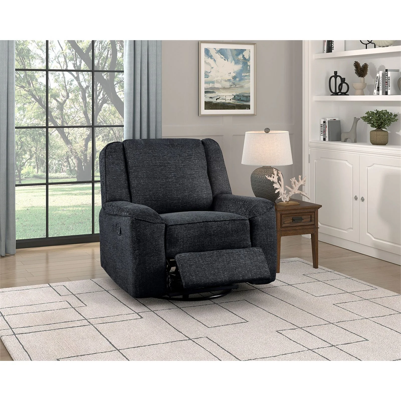 Lexicon Monterey Chenille Upholstered Swivel Reclining Chair in Ebony