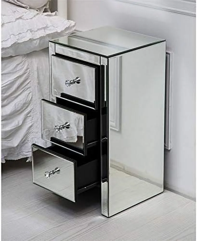 RUNFAYBIU Mirrored Nightstand  Mirrored End Table with 3 Drawers and Crystal-Style Knobs   Mirrored Bedside Table for Bedroom  Living Room  Small Place  Silver  11.81" L x 11.81"
