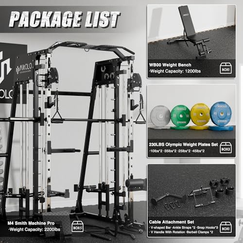 Mikolo Smith Machine, 2200lbs Squat Rack with LAT-Pull Down System & Cable Crossover Machine, Training Equipment with Leg Hold-Down Attachment