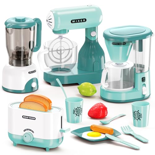 Kids Play Kitchen Accessories Toys Set, Pretend Play Kitchen Appliances Kit - Blender, Coffee Maker, Mixer, Toasters with Light & Sound, Playhouse Role Play Toy Gift for Girl Ages 3 4 5 6