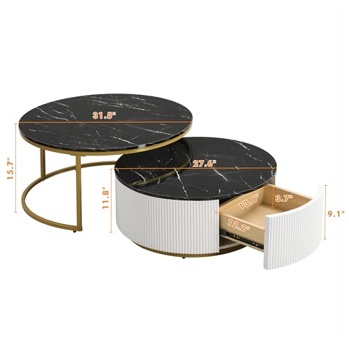 Merax Round Nesting Coffee Table Set of 2 with Storage Drawer and Marbling Tabletop, Perfect for Living Room Apartment, White