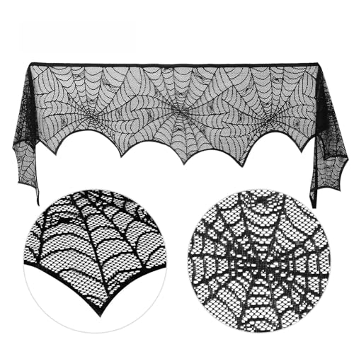 2 Halloween Fireplace Scarves, Black lace with Spider Web, Spider and bat Patterns, Soft Wrinkle Resistant Fabric, Perfect for Fireplace Decoration, Haunted House Decoration and Party Decoration