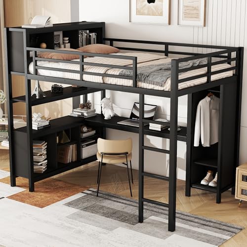 Linique Metal Loft Bed with Wardrobe & L-Shaped Desk - Sturdy Space-Saving Loft Bed Includes Storage Cubes, Shelves for Kids, Teens, Adults (White, Queen)