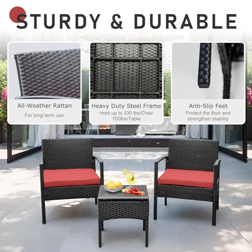 3 Piece Outdoor Wicker Furniture Bistro Set, Rattan Chairs Conversation Sets Wicker Patio Furniture for Balcony Poolside Backyard, Yellow/Beige