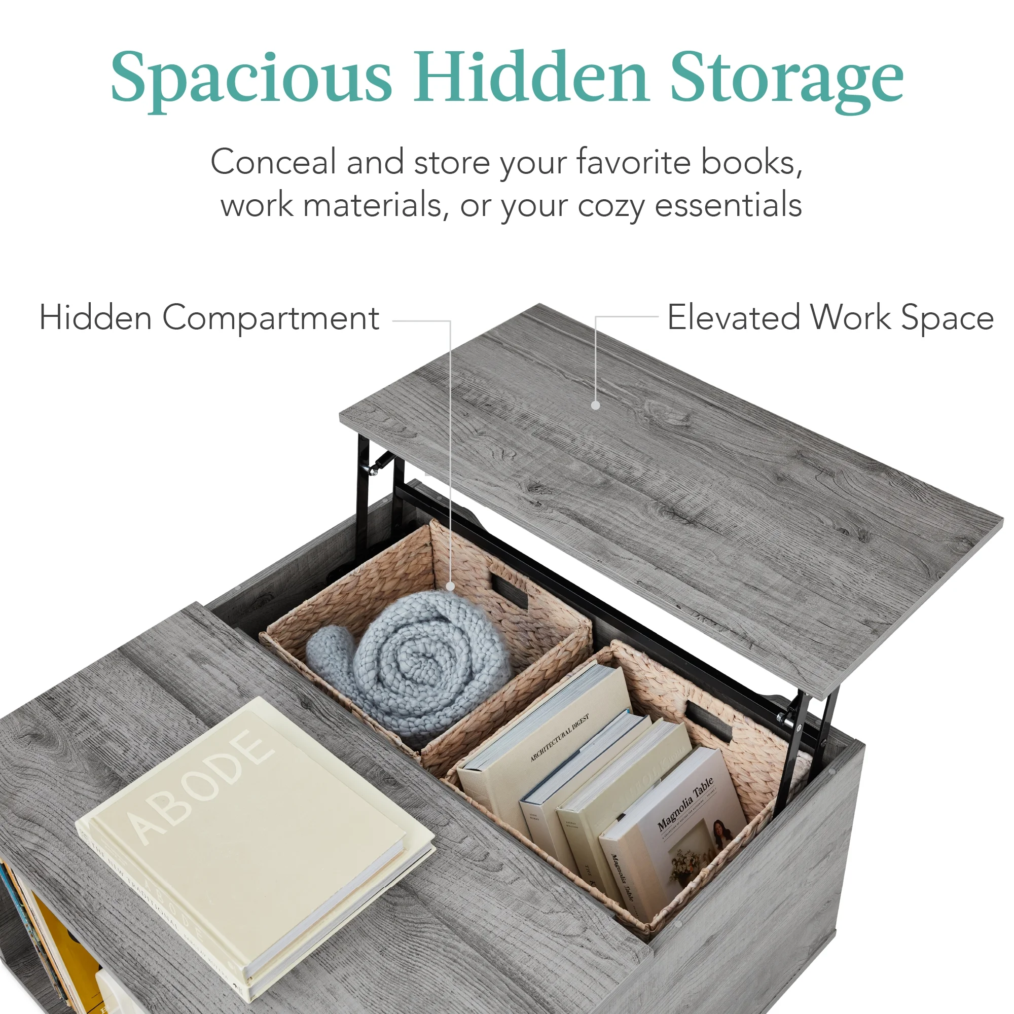 Best Choice Products Square Rustic Modern Lift Top Coffee Table w/ Cubby, Non-Scratch Pads - Gray