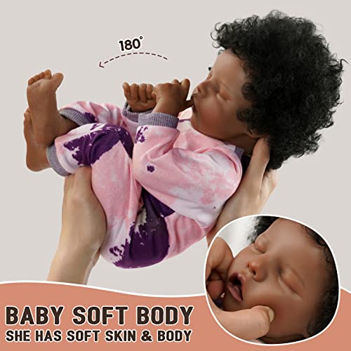 BABESIDE Lifelike Reborn Baby Dolls Black - 17-Inch Baby-Soft Body & Curls Realistic-Newborn Baby Doll African American Real Life Baby Dolls Cloth Body w/Gift Box for Kids