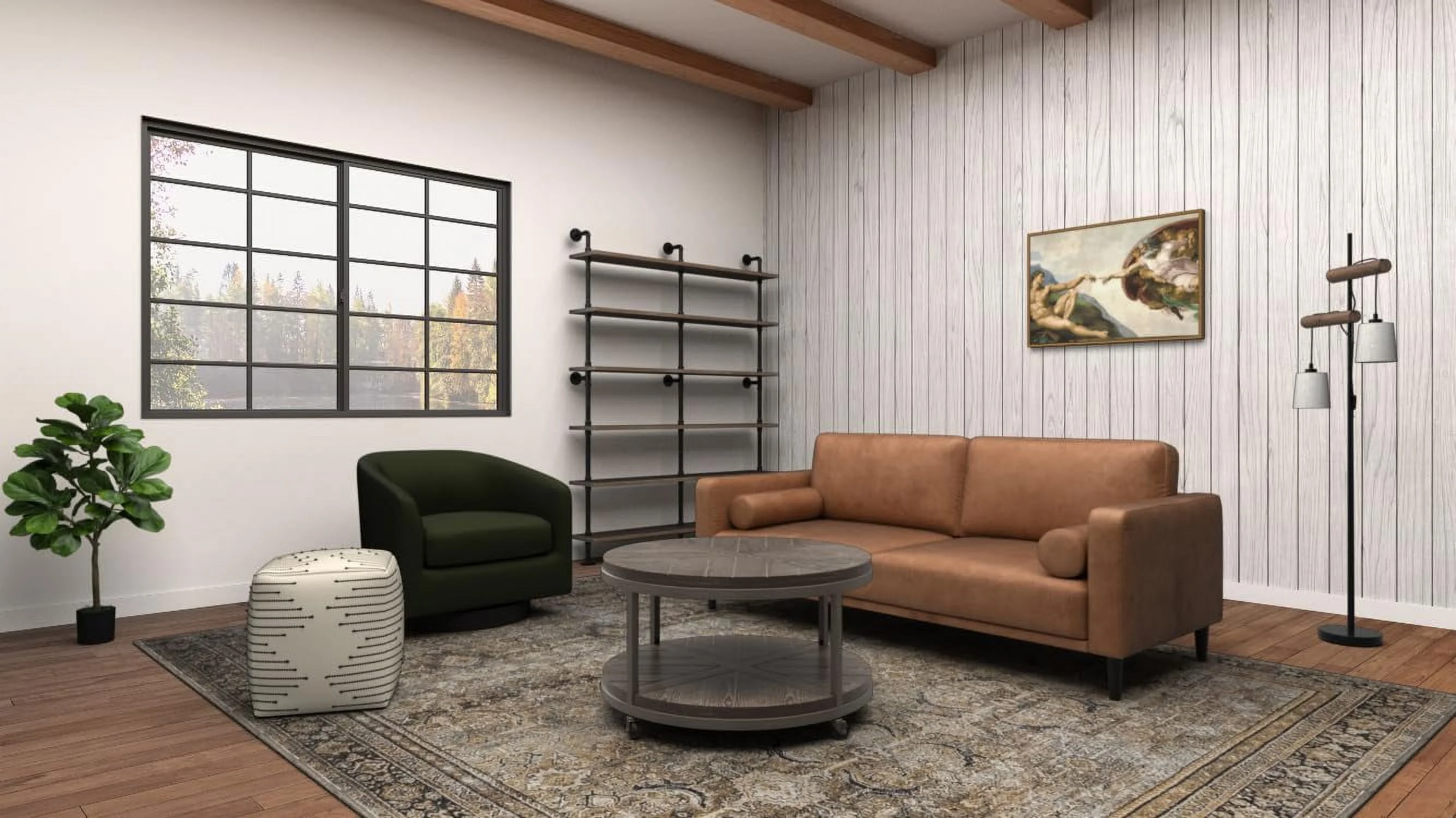 Konya Urban Industrial Round Coffee Table, White-Limed Burnt Oak/Distressed Gray