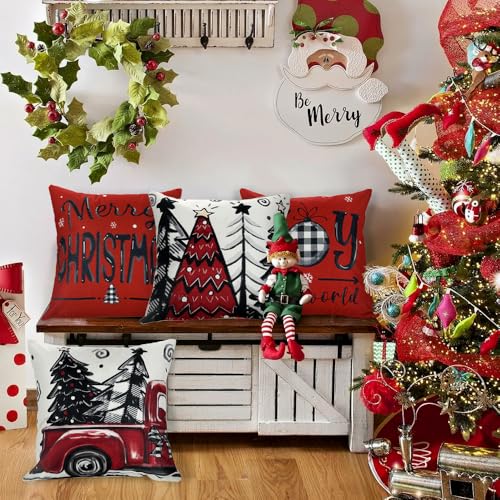DIYDEC 4pcs Christmas Pillow Covers 18x18 Inch Red Pillow Covers Xmas Decorations Buffalo Tree Truck Merry Christmas Pillows Winter Holiday Farmhouse Seasonal Throw Case Decor for Sofa Couch