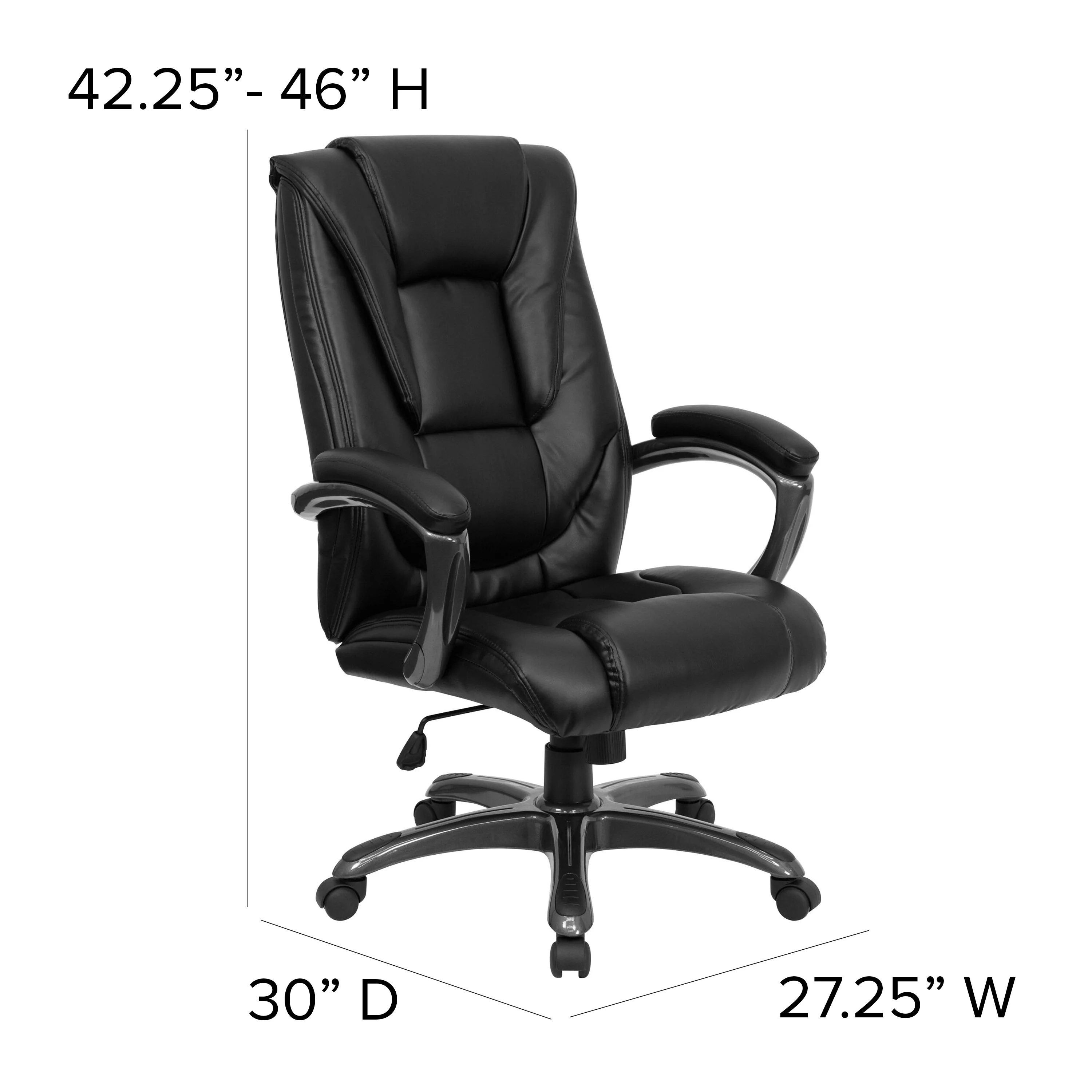 BizChair High Back Black LeatherSoft Layered Upholstered Executive Swivel Ergonomic Office Chair with Smoke Metal Base and Arms