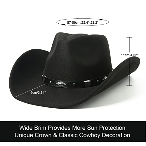 Lanzom Women Men Classic Felt Wide Brim Western Cowboy Cowgirl Hat with Belt Buckle