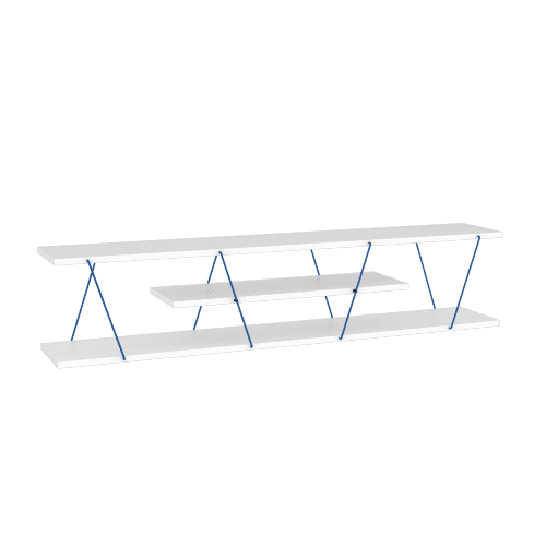 Mid Century Modern Tv Stand 4 Shelves Open Storage Metal Cords Entertainment Centre 56 inch Low Tv Unit, White Blue