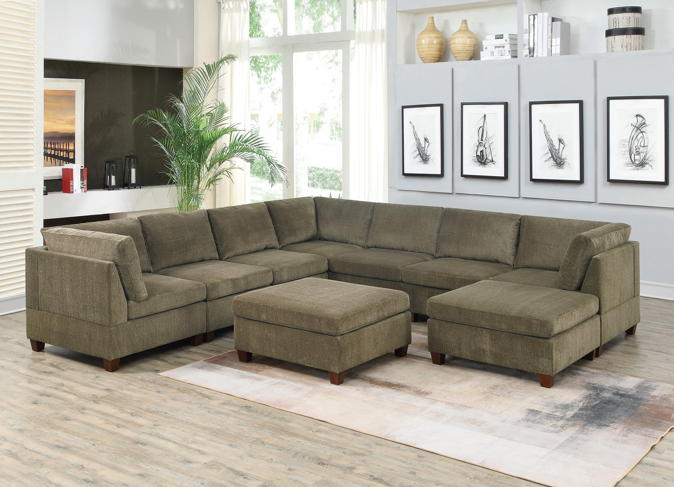 Contemporary Modern Unique Modular 9pc Sectional Sofa Set Tan Color Chenille Fabric Wood Legs 3 x Corner Wedge 4x Armless chairs and 2 x Ottoman