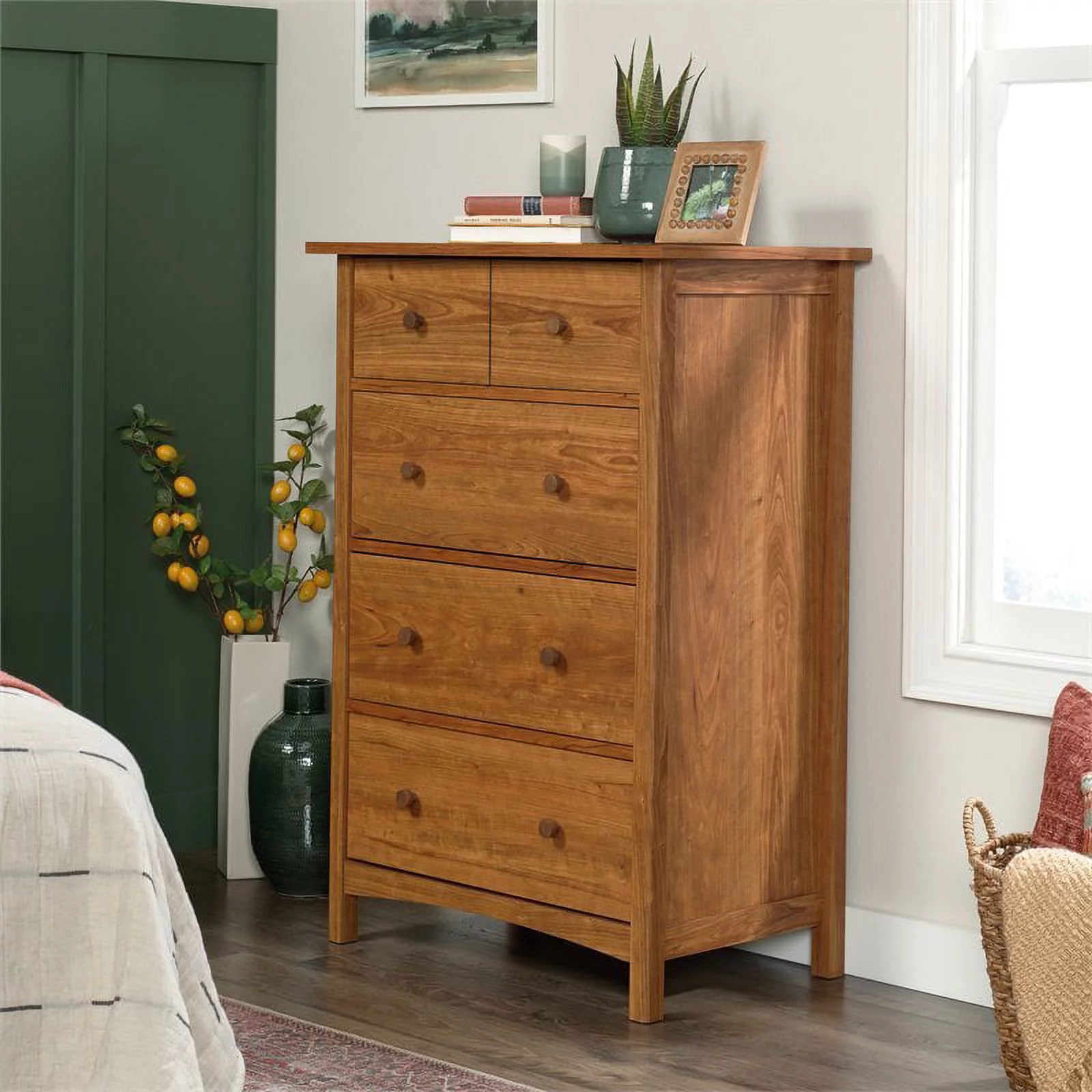 Pemberly Row Engineered Wood 4-Drawer Bedroom Chest in Prairie Cherry