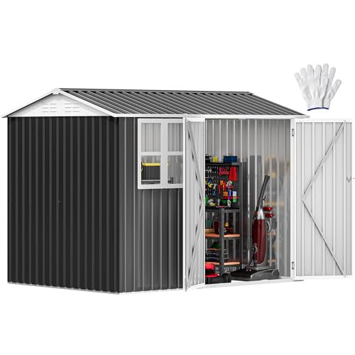 DWVO 8x6ft Metal Outdoor Storage Shed with Window, Lockable Tool Storage Sheds, Oversized Steel Garden Sheds with Sloped Roof for Backyard, Patio, Garage, Lawn (Gray + White)