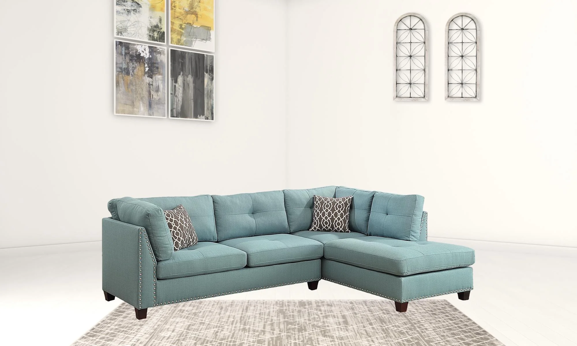 HomeRoots 524227 Linen L Shaped Sofa & Chaise, Teal Blue - 2 Piece