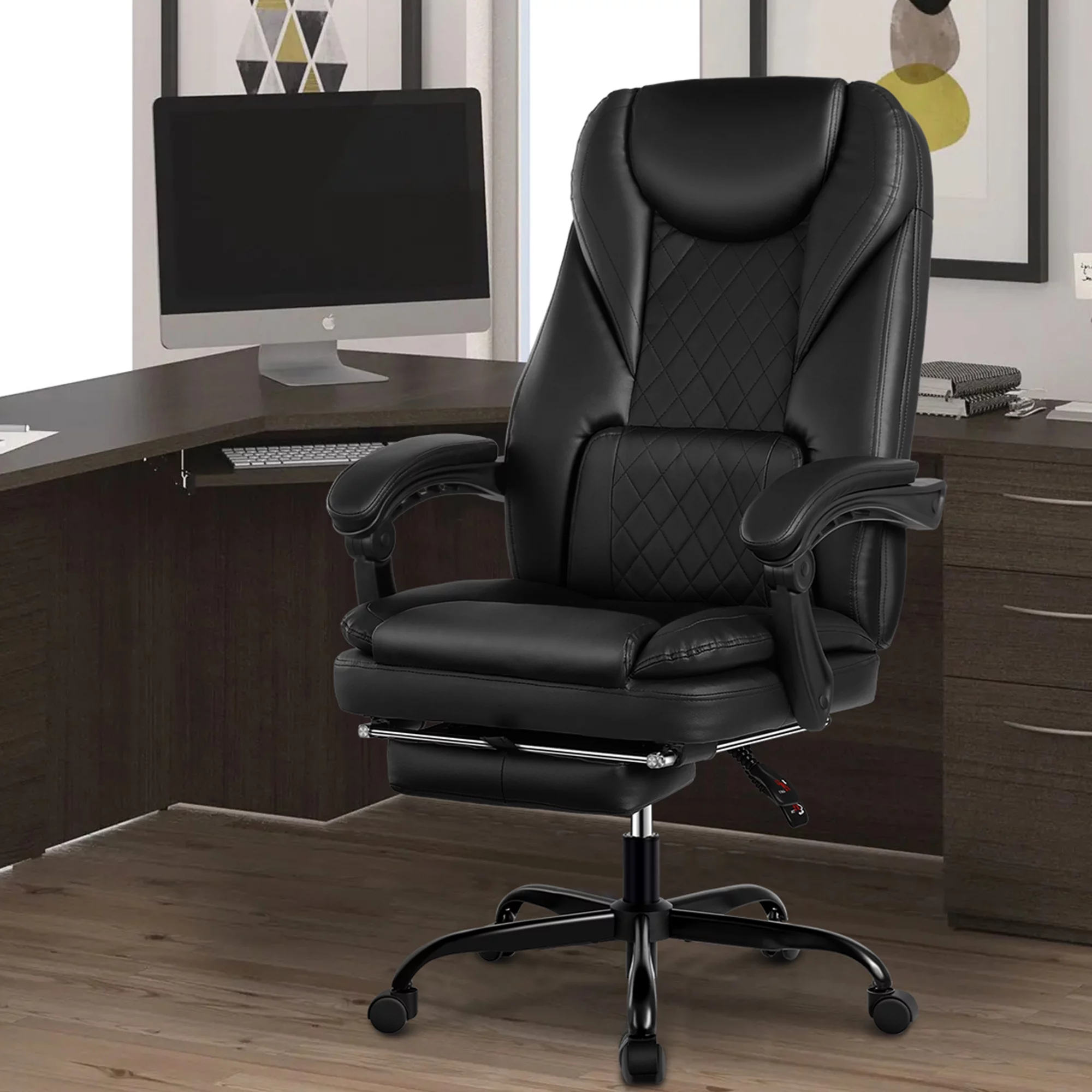 Coolhut Executive Office Chair, Big and Tall Office Chair with Foot Rest Reclining Leather Chair High Back Home Office Desk Chairs with Lumbar Support Ergonomic Office Chair with Padded Armrests,Black