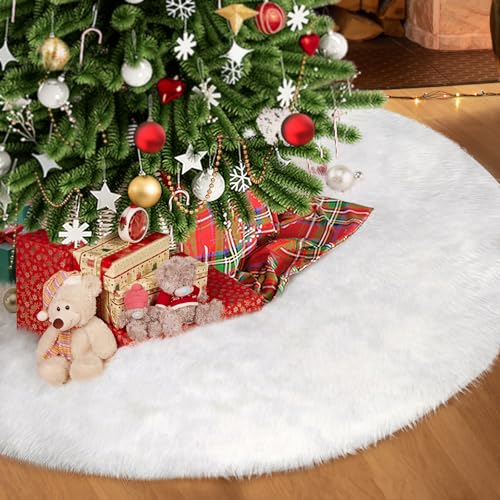 TranquilBliss Christmas Tree Skirt, Fur Burlap Christmas Tree Decorations, Farmhouse Christmas Decor Xmas Holiday Home Party Decorations Indoor Outdoor, 36in White