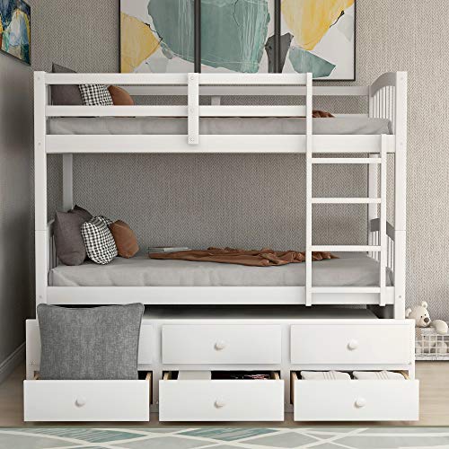 Merax Twin Bunk Bed with Ladder, Safety Rail, Twin Trundle Bed with 3 Drawers for Teens Bedroom, Guest Room Furniture(White)