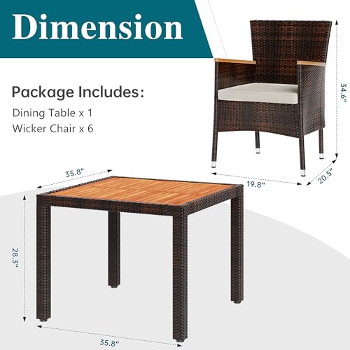 Shintenchi 5 Pieces Patio Dining Set, Wicker Patio Furniture Set with Wood Table Top, Outdoor Dining Table and Chairs with Soft Cushions for Backyard, Deck and Garden, Brown Rattan