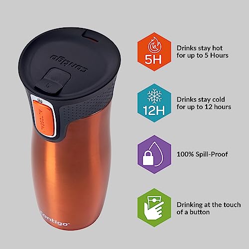 Contigo West Loop Autoseal Travel Mug, Stainless Steel Thermal Mug, Vacuum Flask, Leakproof Tumbler, Coffee Mug with BPA-Free Easy-Clean Lid