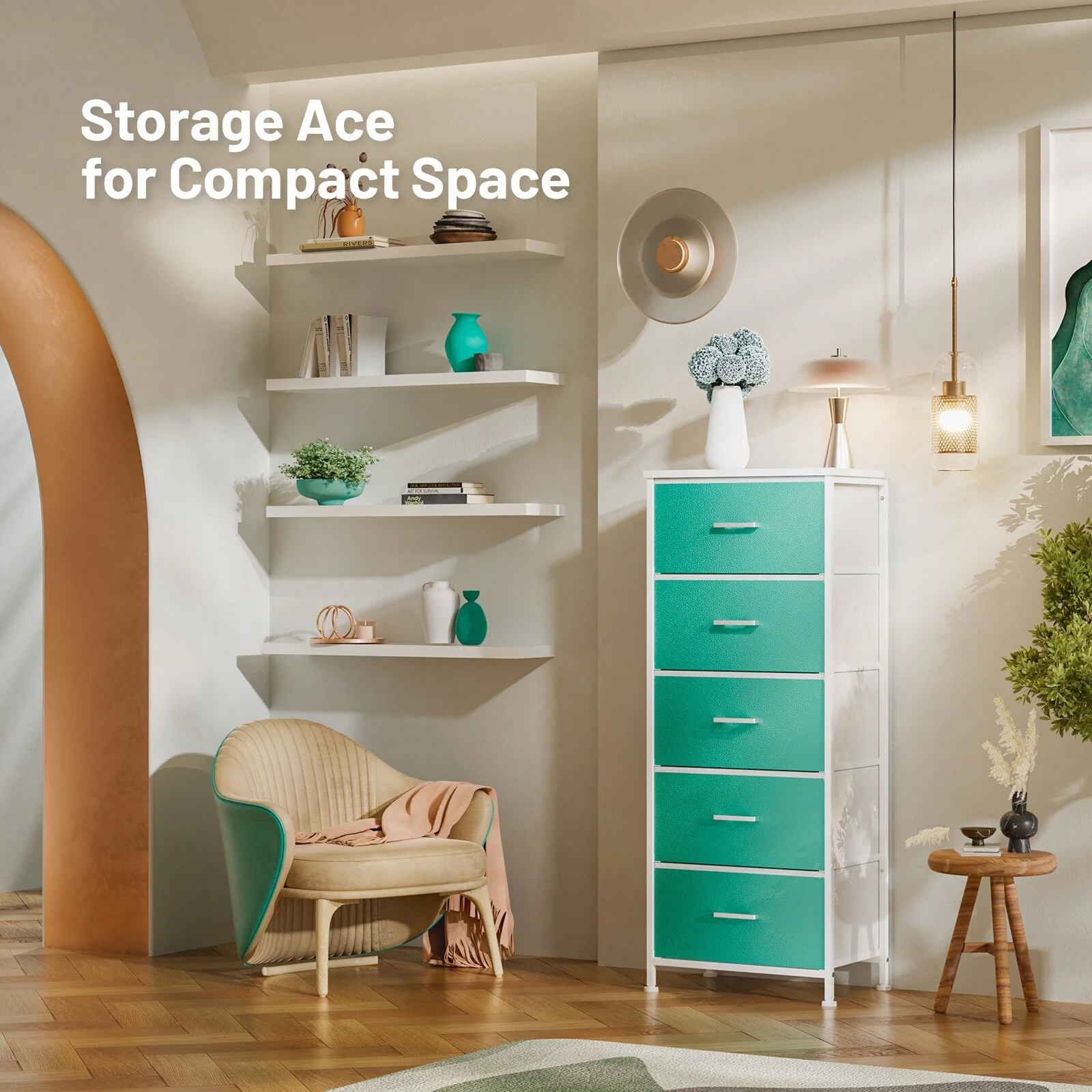 Dresser for Bedroom with 5 Drawers, Leather Finish, Wood Top, Fabric Bins