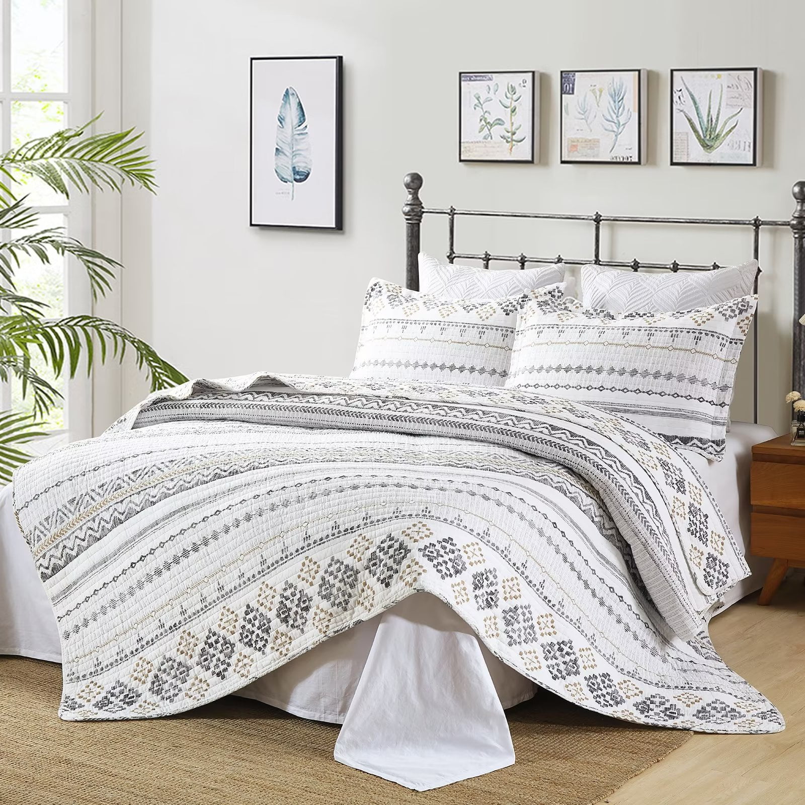 Bedduvit 100% Cotton King Size Quilt Set - Bohemian White & Charcoal Geometric Striped Quilt King, Boho Breathable Bedspread for All Season, 3-Piece Lightweight Summer Comforter Bedding Set, 98