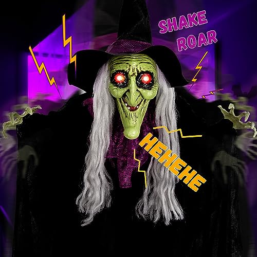59” Halloween Hanging Animated Witch Decoration with Sound Activated, Glowing Eyes, Spooky Sounds and Motion - Perfect for Halloween Haunted House Prop Décor, Indoor/Outdoor Display, Lawn, Party