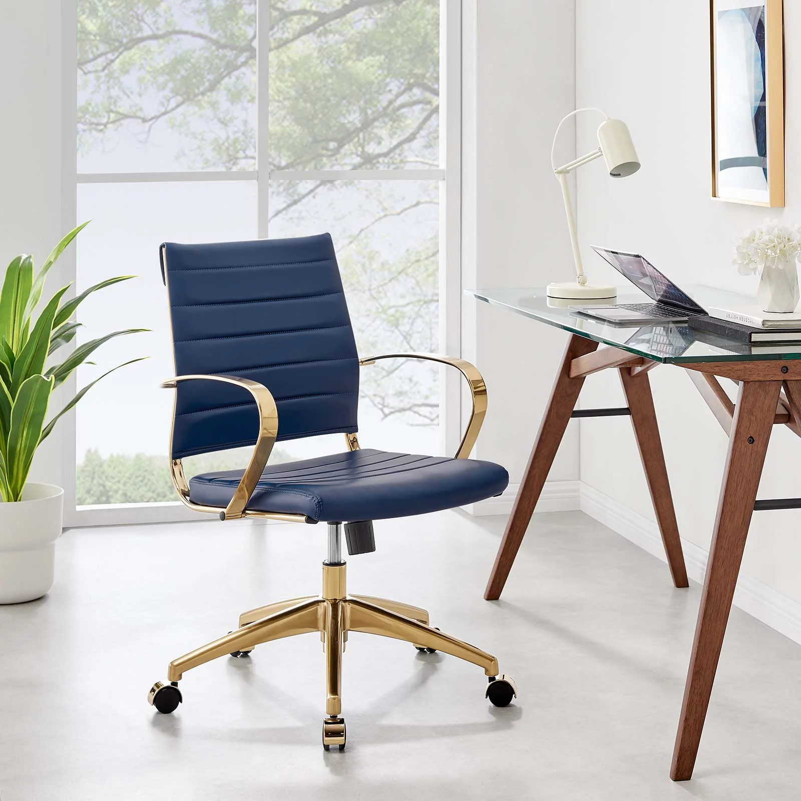 Computer Work Desk Middle Back Chair, Navy Gold, Faux Vinyl Leather, Modern Contemporary, Home Business Office Furniture