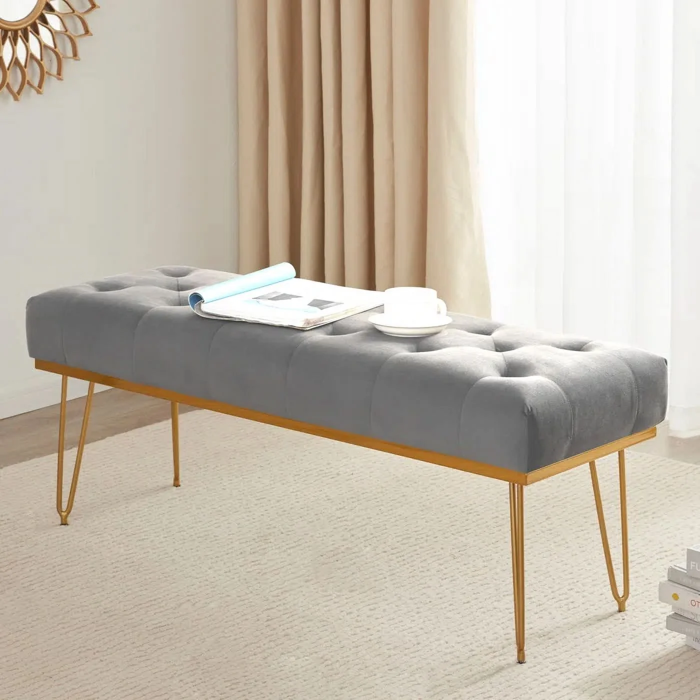 Rectangular Velvet Ottoman with Metal Base, Gray and Golden, Luxury Home Furniture