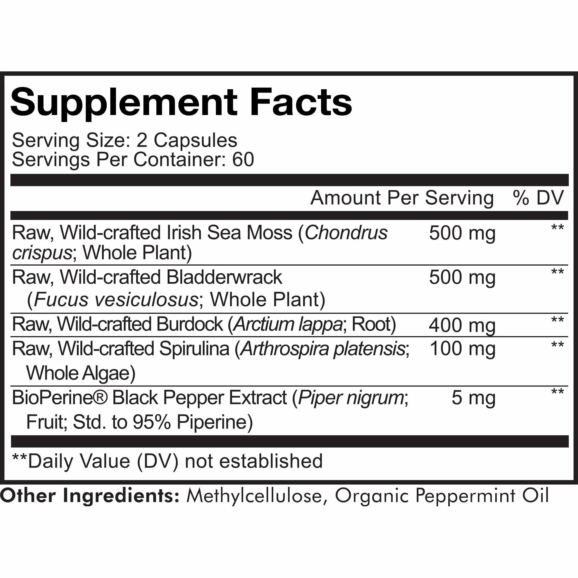 Codeage Raw Wildcrafted Irish Sea Moss, Bladderwrack, Burdock Root, Spirulina & BioPerine® Pepper, 120 ct