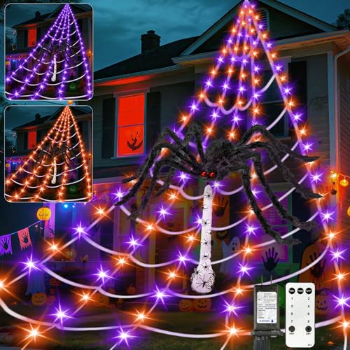 Prelit 16.4 * 15.7 Ft Huge Halloween Spider Web Decorations 135 LED Purple Orange Net Lights Timer with 50