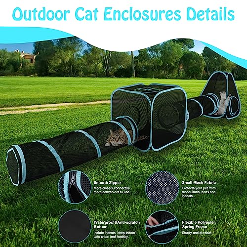 BWOGUE Outdoor Cat Enclosures for Indoor Cats, 4 in 1 Outdoor Cat Tent with Tunnel Portable Pop Up Visual Mesh Cat Outside Playhouse for Cats Puppy Small Animals, Total Length 9.45FT