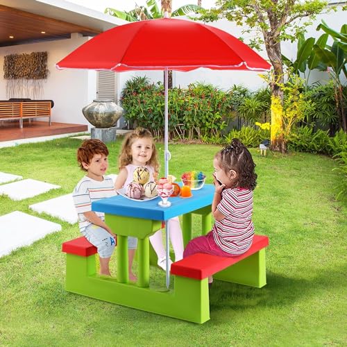 Kids Picnic Table, Toddler Picnic Table with Removable & Foldable Umbrella, Plastic Children Patio Furniture for Garden Backyard, Kids Outdoor Table, Red, Blue & Green