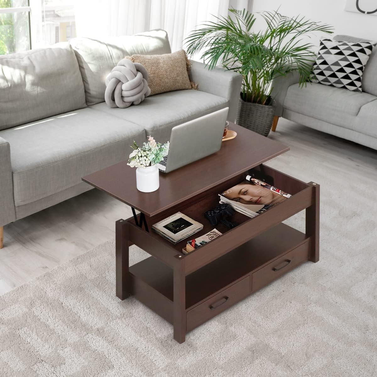 2 Drawer Lift Top Coffee Table with Hidden Compartment & Storage Shelve Espresso