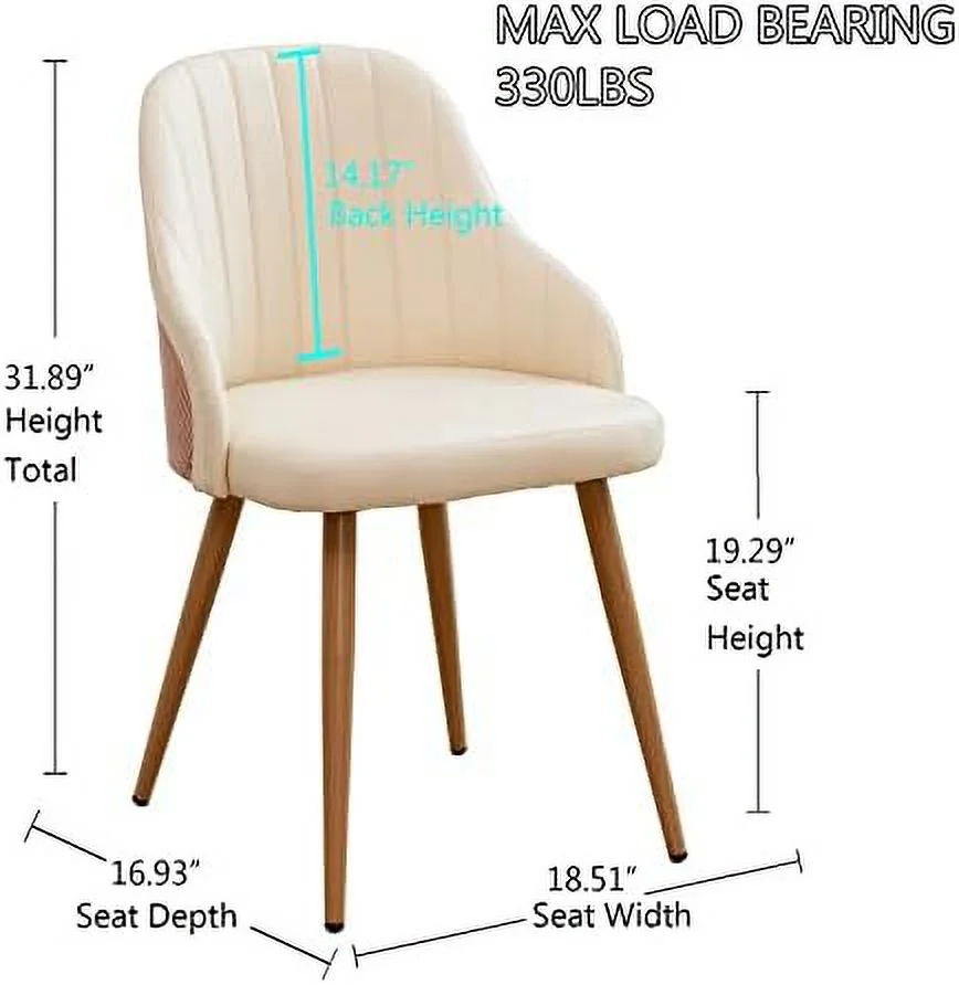 TJUNBOLIFE Modern Dining Room Chairs Set of 2  Mid Century Leather Upholstered Accent Arm Desk Chairs Leisure Side Chair with Metal Legs and Bamboo Back for Kitchen&Dining Room Beige