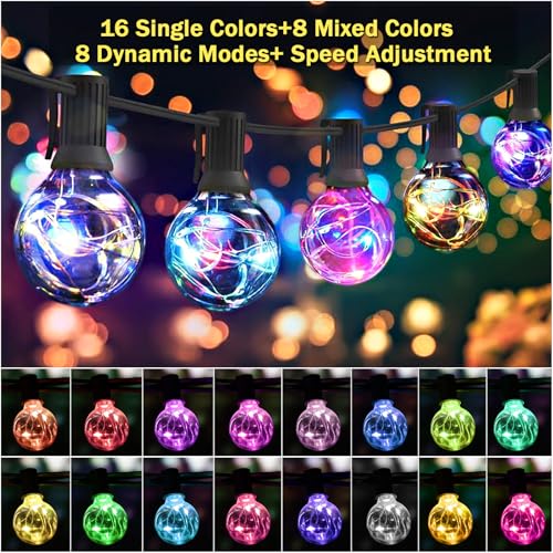 LED Outdoor String Lights, 30FT Connectable G40 Patio Light Outdoor Waterproof with 30 LED Bulbs, RGB Color Changing Cafe Decorative Lights with Remote for Outside Camping Gazebo Party Balcony Decor