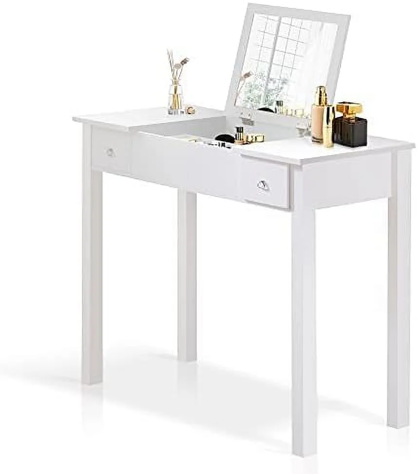 TJUNBOLIFE Combo Makeup Vanity Desk with Flip Top Mirror for Bathroom Wooden Dressing Table Set with 2 Drawers Large  for Girls and Women Black