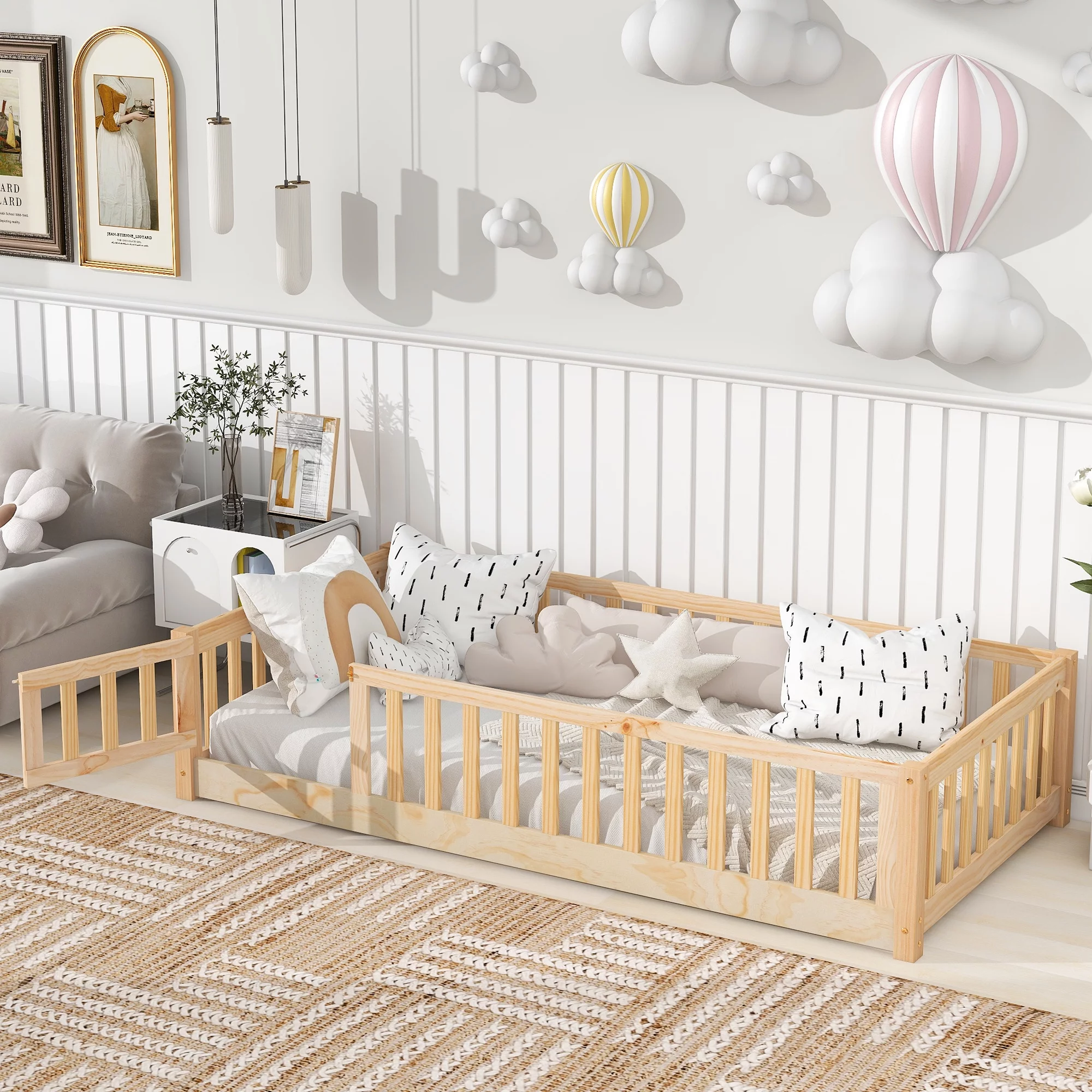 PAPROOS Twin Floor Bed Frame for Toddler, Wood Platform Bed with Wooden Slats, Fence and Door, , Twin Size Montessori Floor Bed Cute Playhouse Bed for Kids Girls Boys, No Box Spring Needed, Natural