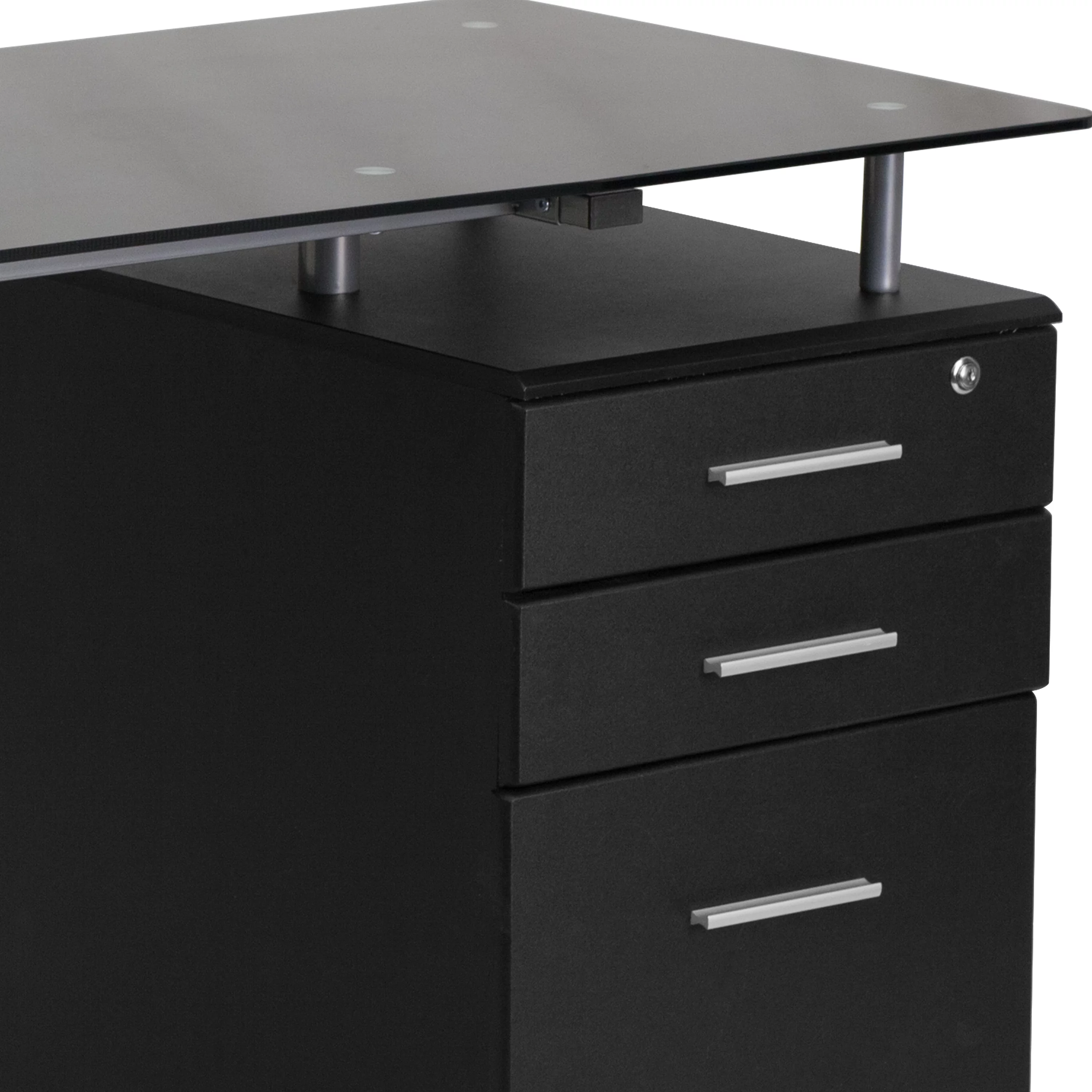 Emma + Oliver Black Glass Computer Desk with Three Drawer Pedestal