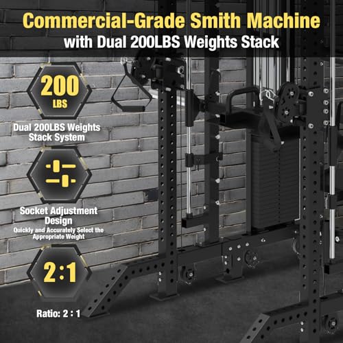 Commercial Functional Trainer Cable Machine with Dual Weight Stacks, Power Cage Squat Rack, Dual Cable Crossover Machine with Pulley System
